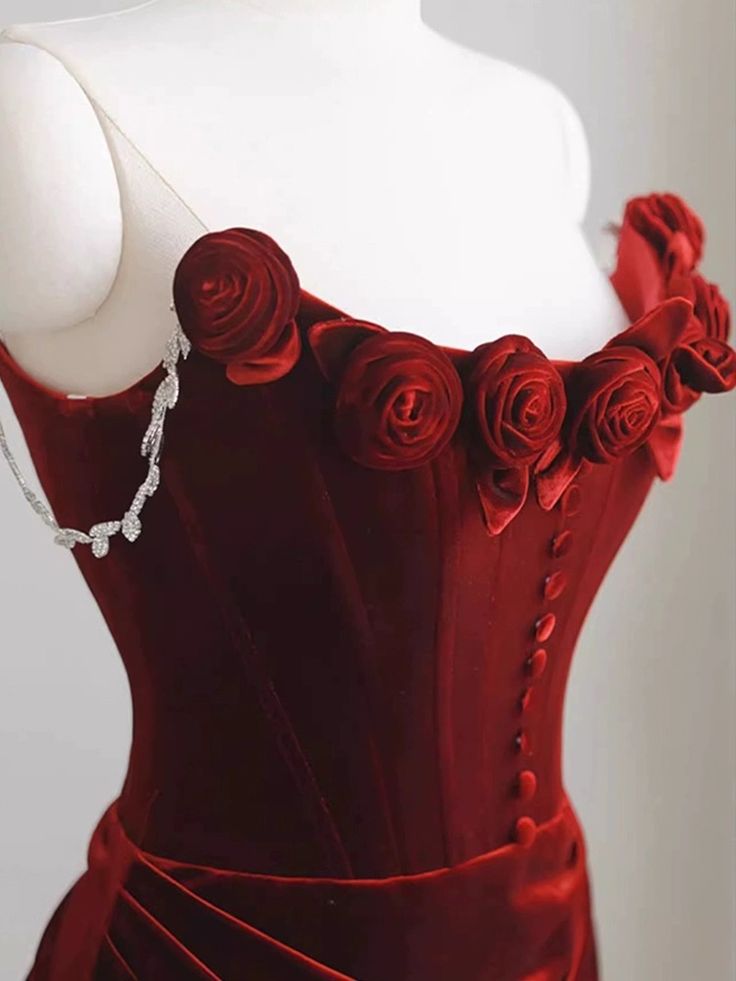 Sexy A Line Spaghetti Straps Red Velvet Long Floral Prom Dresses,Evening Dresses GG133