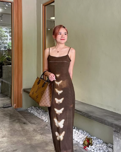 Chic Mermaid Spaghetti Straps Brown Satin Butterfly Printing Long Prom Dress,Evening Dress GG1398