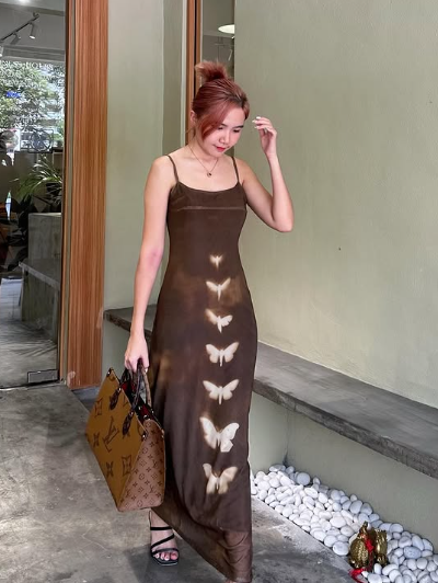 Chic Mermaid Spaghetti Straps Brown Satin Butterfly Printing Long Prom Dress,Evening Dress GG1398