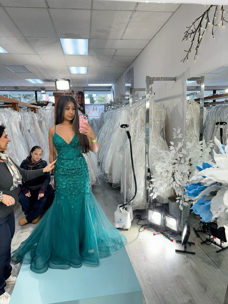 Gorgeous Mermaid Spaghetti Straps Jade Green Satin Beaded Applique Tulle Long Prom Dress,Evening Dress GG1411