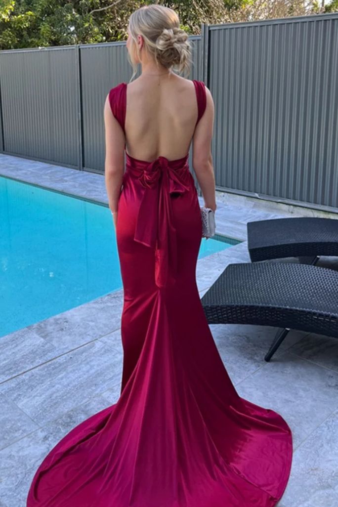 Chic Mermaid Low Collar Burgundy Satin Pleats Long Prom Dress,Evening Dress GG1413