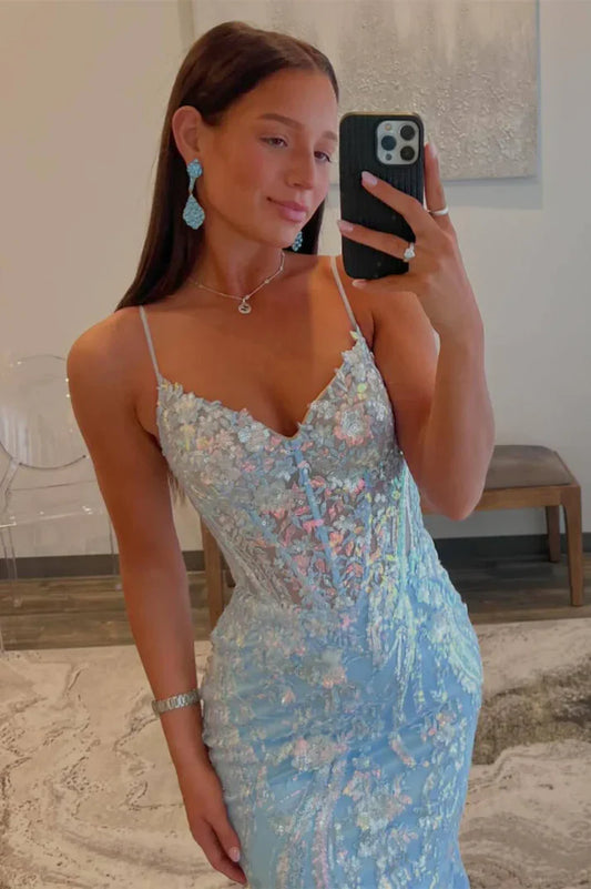 Glamorous Mermaid Spaghetti Straps Light Blue Satin Sequin Applique Long Prom Dress,Evening Dress GG1415