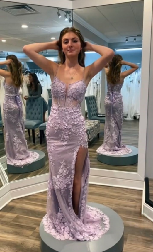 Gorgeous Mermaid Spaghetti Straps Lilac Satin Applique Slit Long Prom Dress,Evening Dress GG1416
