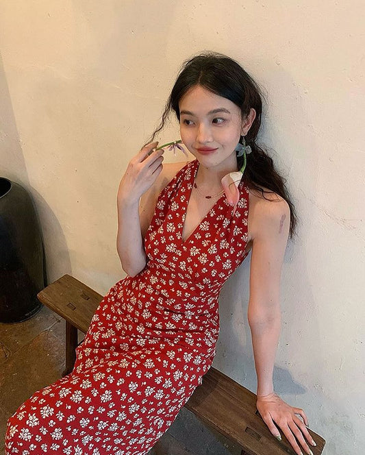 Pretty Mermaid Halter V Neck Burgundy Chiffon Printing Long Prom Dress,Evening Dress GG1440