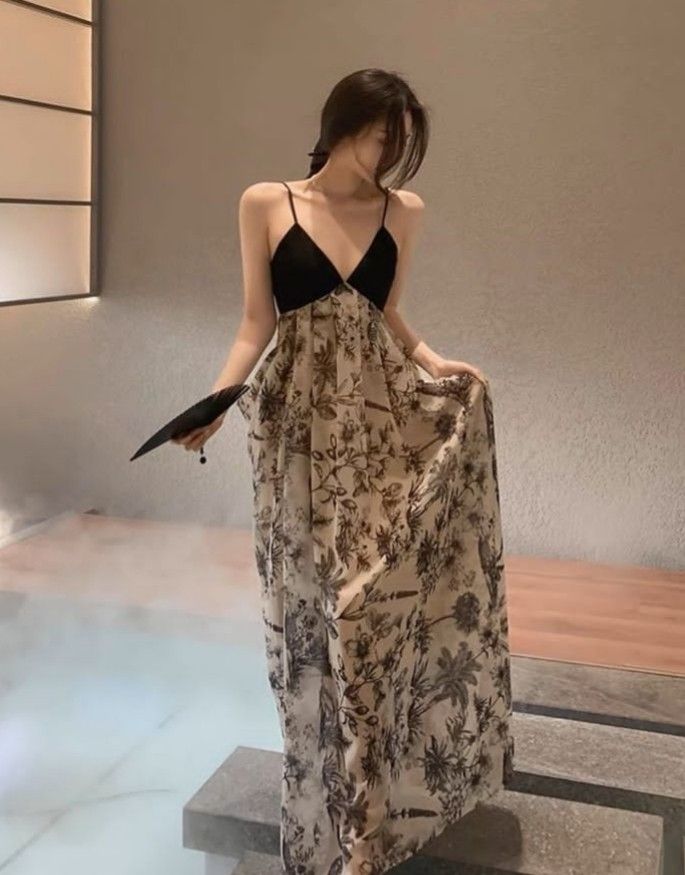 Ink Style A Line Spaghetti Straps V Neck Chiffon Printing Long Prom Dress,Evening Dress GG1444