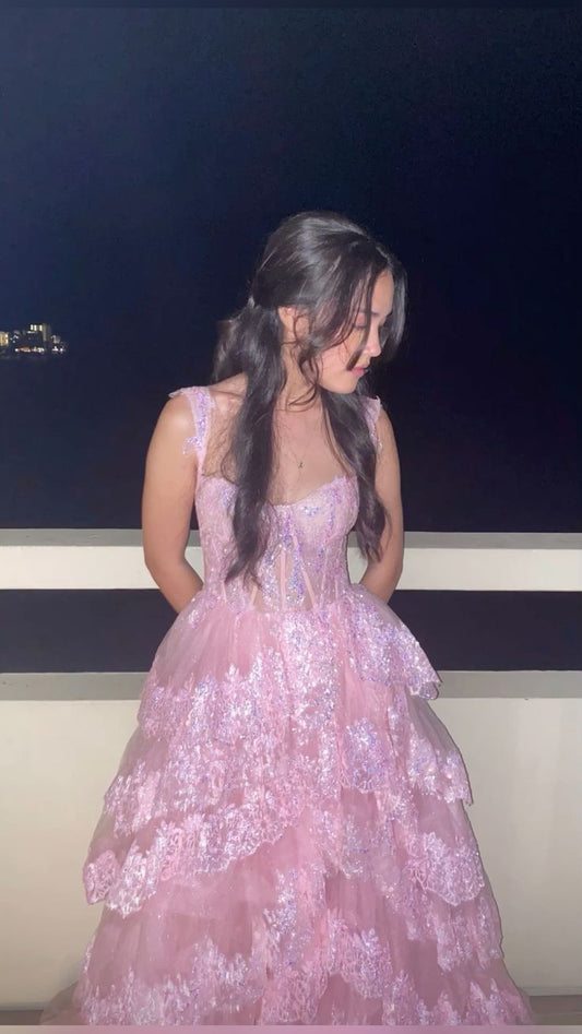 Shiny A Line Off The Shoulder Sweetheart Pink Tulle Sequin Tiered Long Prom Dress,Evening Dress GG1463