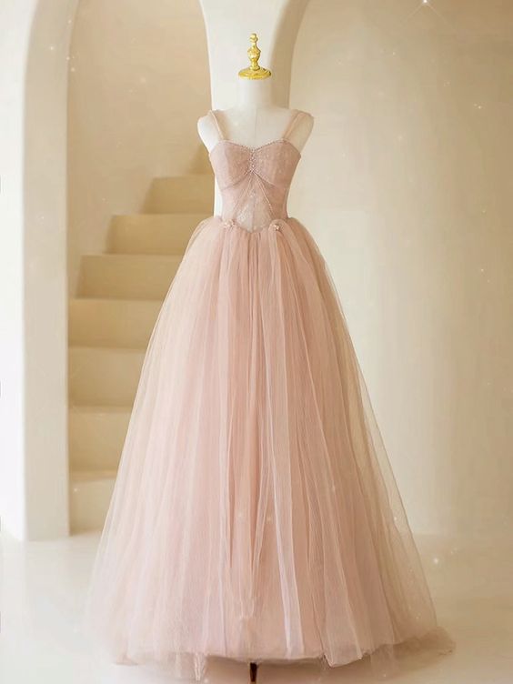 Elegant A Line Sweetheart Spaghetti Straps Pink Tulle Long Formal Dress ,Evening Dresses GG149