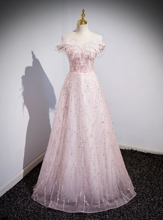 Elegant A Line Off The Shoulder Pink Tulle Sequins Pearls Long Prom Dress ,Evening Dresses GG150