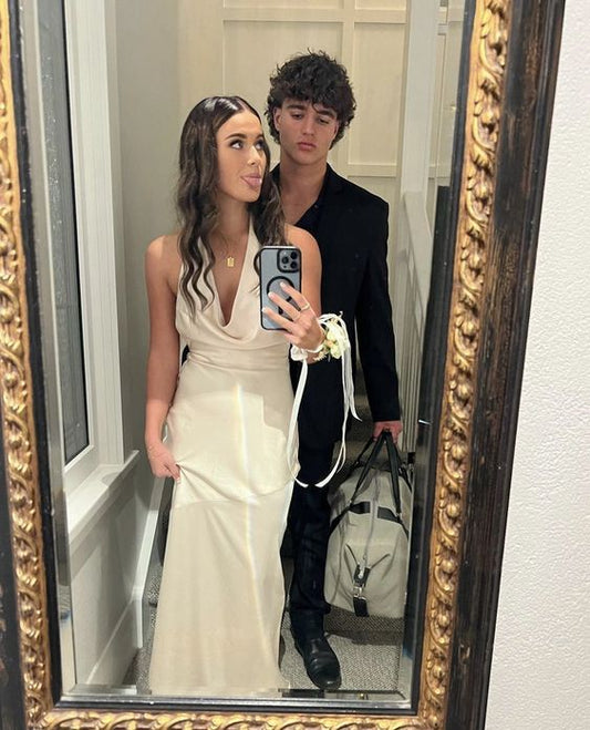 Elegant A Line Halter Ivory Satin Backless Long Prom Dress,Evening Dress GG1508