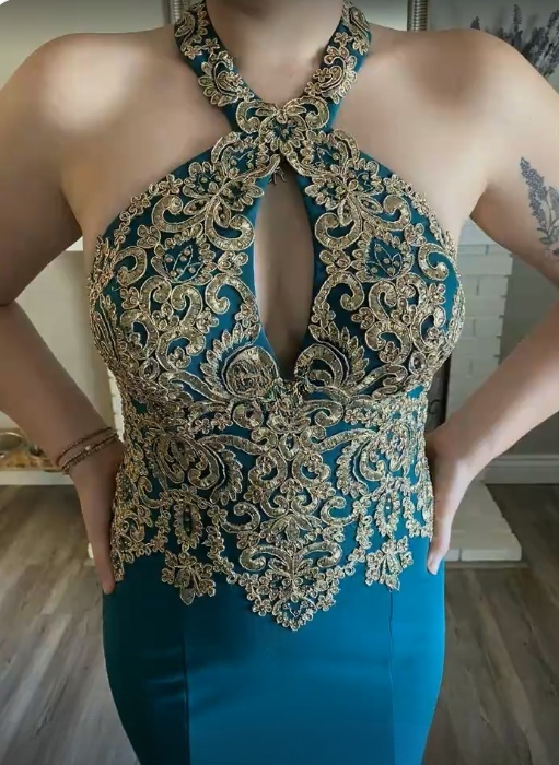 Sexy Mermaid Halter Embroidery Applique Satin Backless Long Prom Dress,Evening Dress GG1512