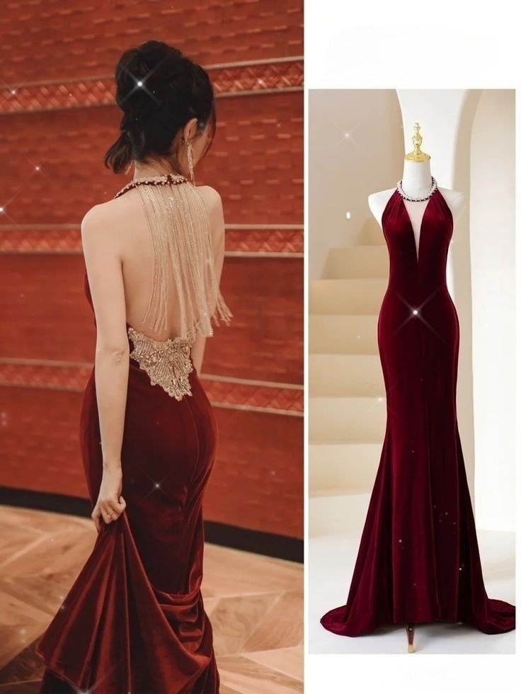 Princess Style Mermaid Halter V Neck Velvet Back Tassel Long Prom Dress,Evening Dress GG1517