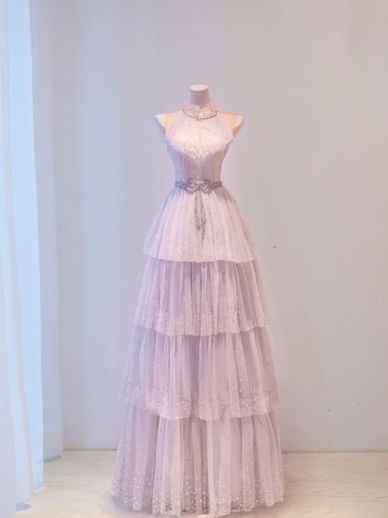 Fairy A Line Halter Pink Tulle Tiered Long Prom Dress,Evening Dress GG1518