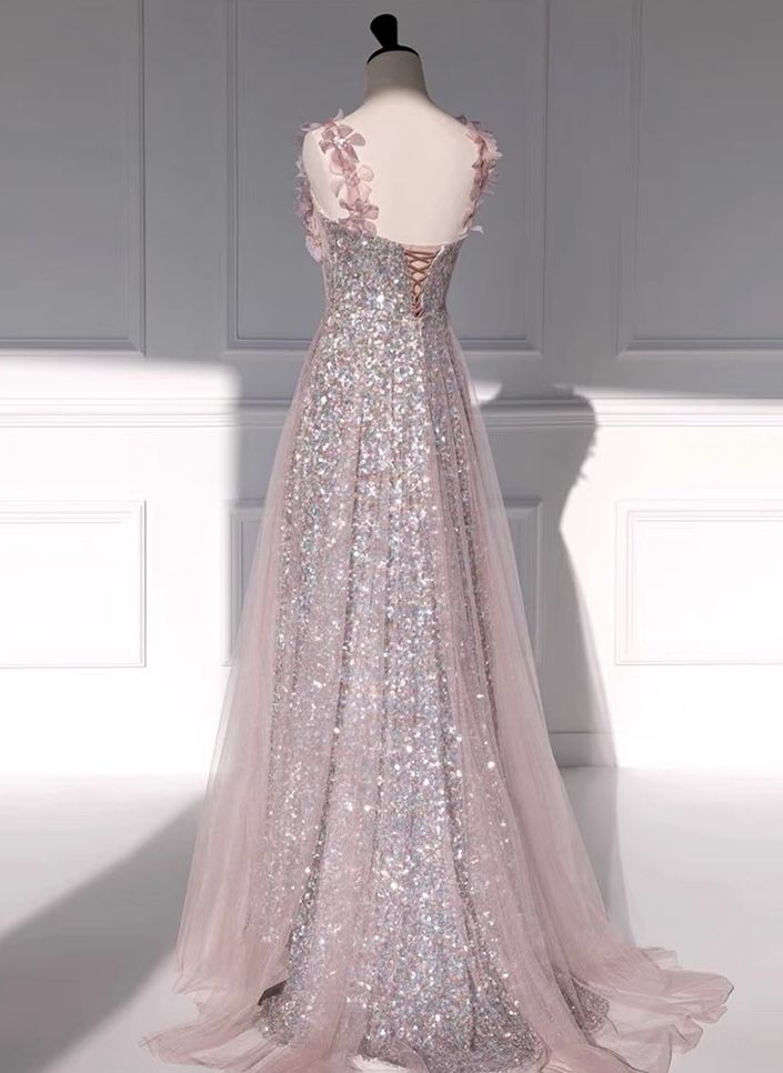 Fairy A Line Square Spaghetti Strap Sequin Tulle Glitter Long Prom Dress,Evening Dresses GG152