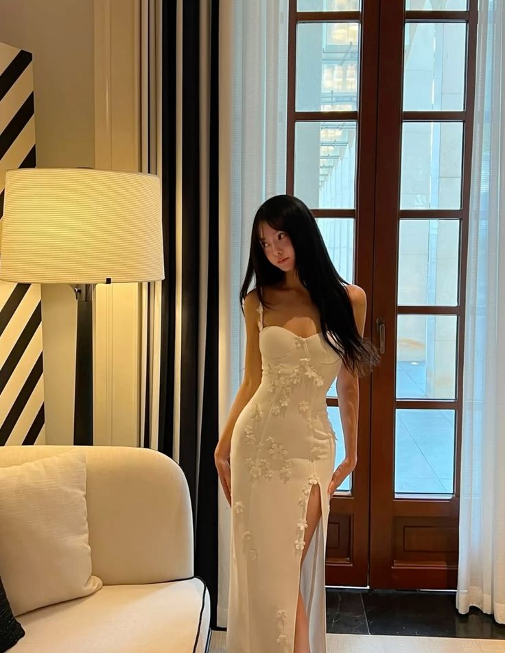 Chic Mermaid Spaghetti Straps White Satin Applique Floral Slit Long Prom Dress,Evening Dress GG1520