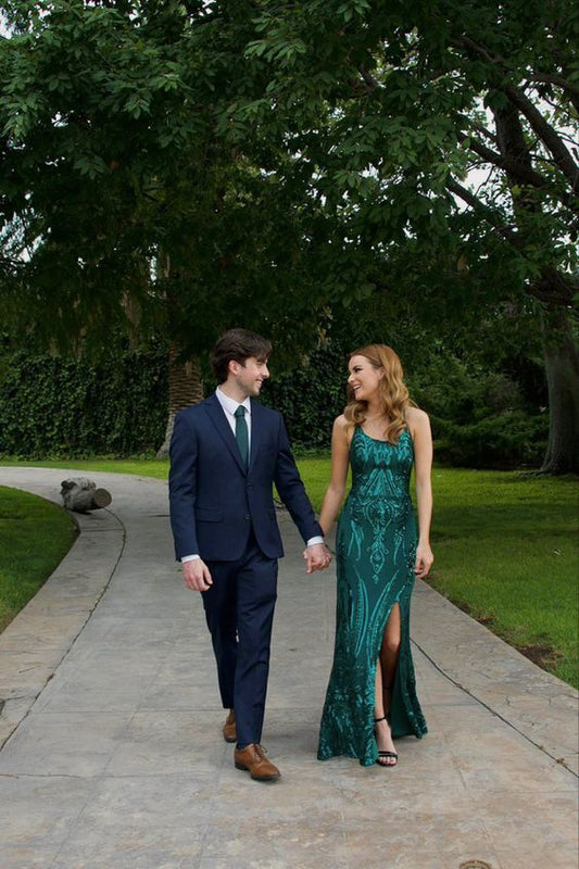 Chic Mermaid Spaghetti Straps Dark Green Satin Applique Slit Long Prom Dress,Evening Dress GG1545