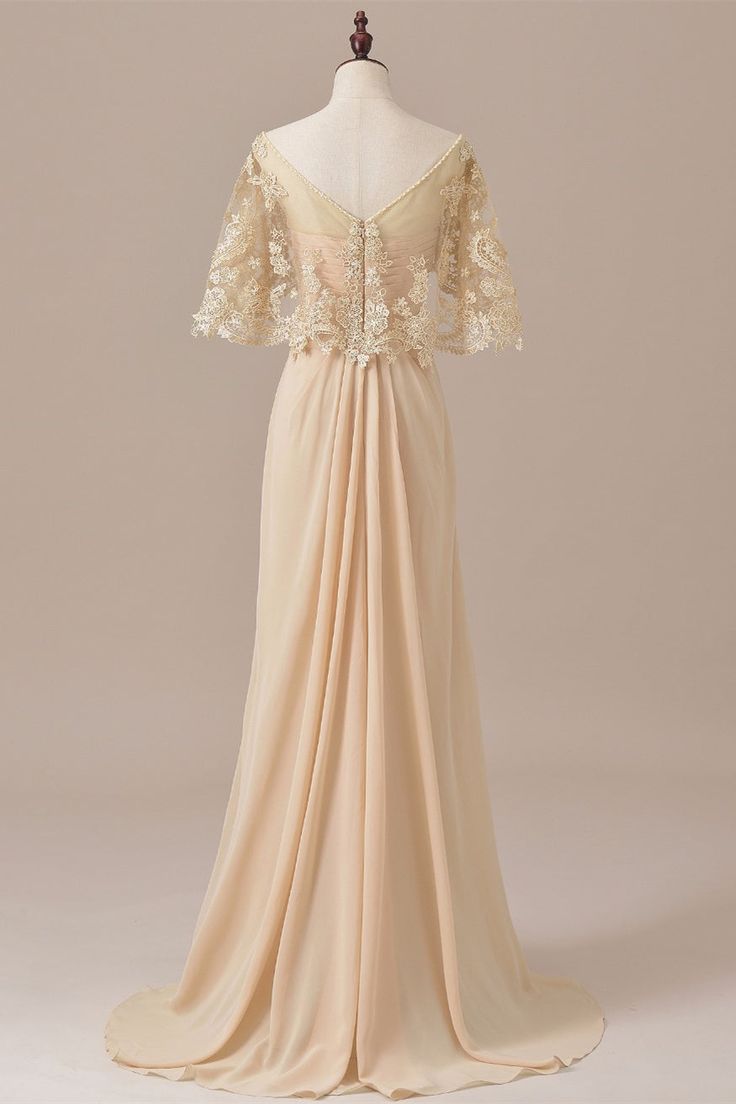 Elegant A Line Champagne Ruffles Chiffon Lace Cape Long Prom Dress,Evening Dresses GG162
