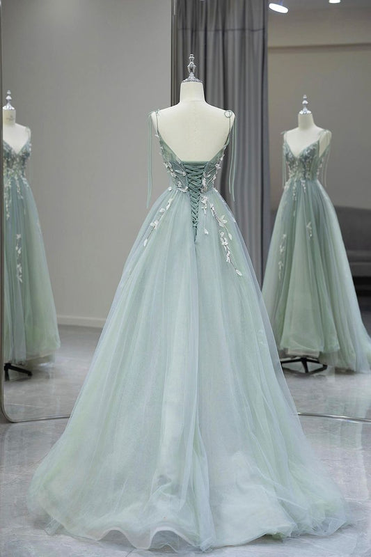 Pretty A Line Spaghetti Straps Tulle Applique Long Prom Dress,Evening Dress GG1640