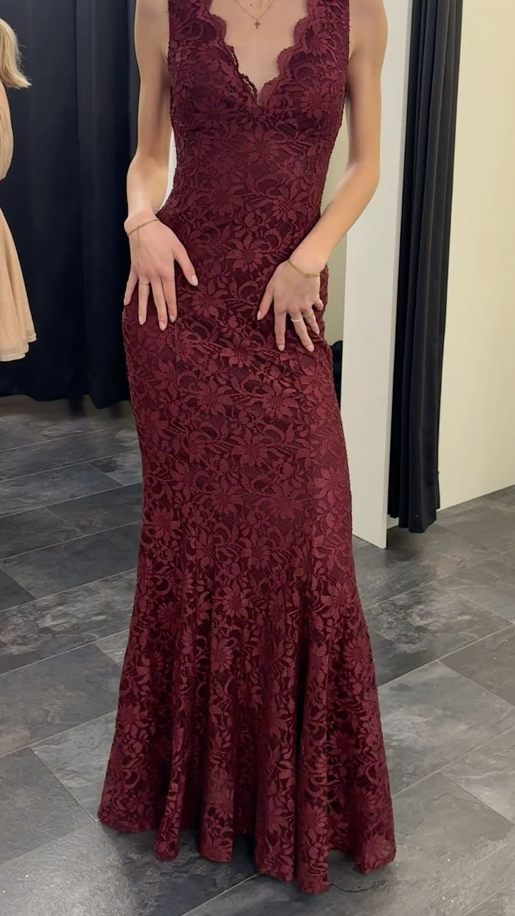 Sexy Mermaid V Neckline Rust Red Lace Long Prom Dress,Evening Dress GG1655
