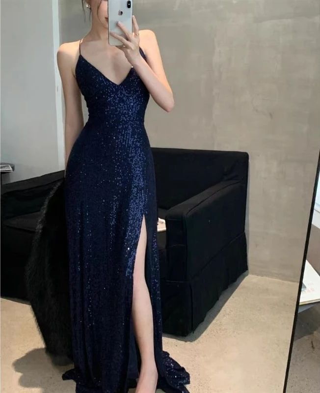 Sexy Mermaid Halter Straps V Neck Navy Satin Sequin Slit Long Prom Dress,Evening Dress GG1665
