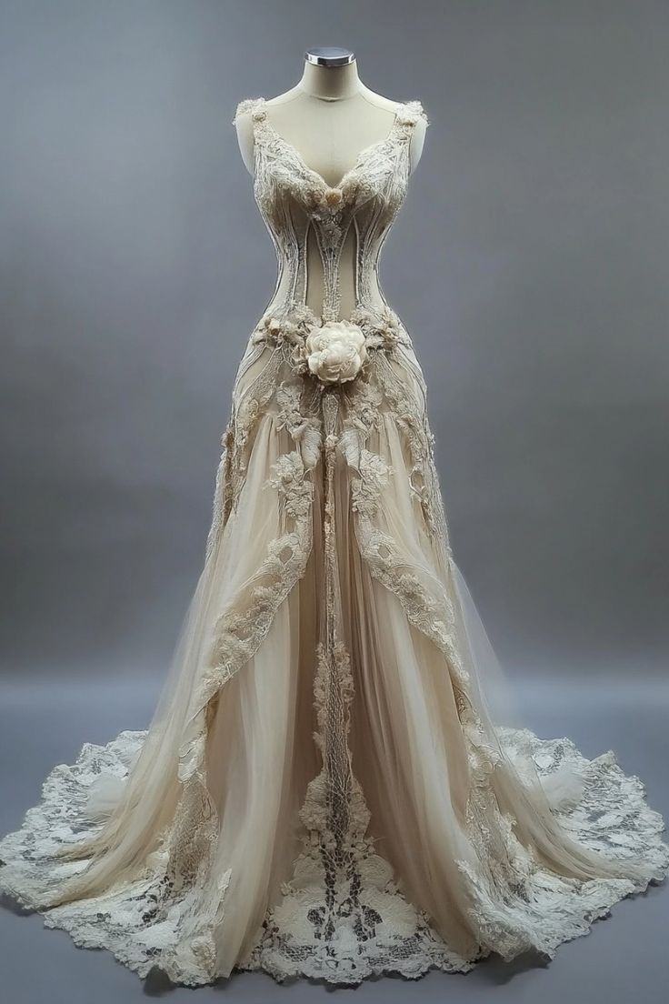 Gorgeous A Line V Neck Ivory Tulle Lace Long Prom Dress,Wedding Dress,Evening Dress GG1688