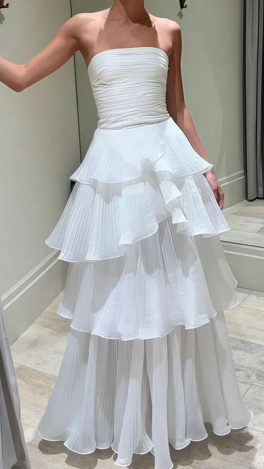 Pretty A Line Strapless White Chiffon Tiered Long Prom Dress,Evening Dress GG1697