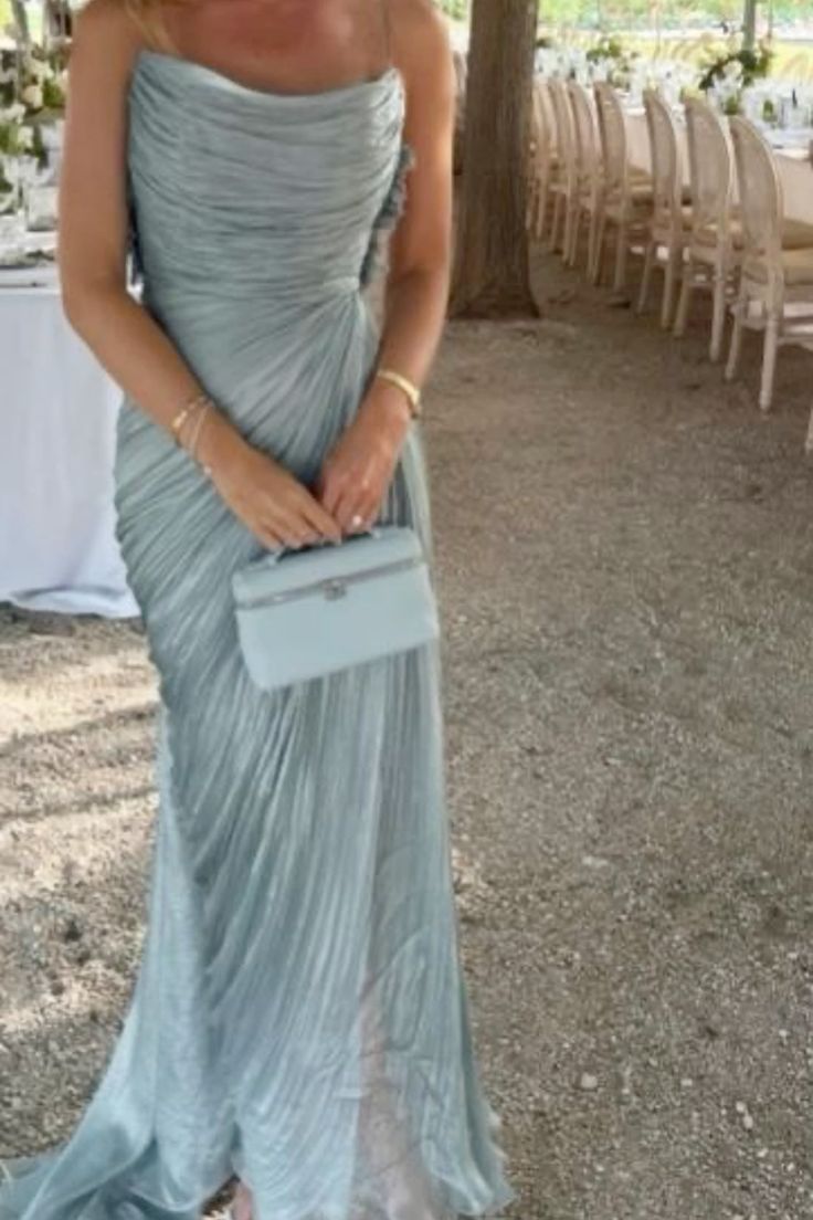 Elegant A Line Spaghetti Straps Light Blue Chiffon Pleated Long Prom Dress,Evening Dress GG1707