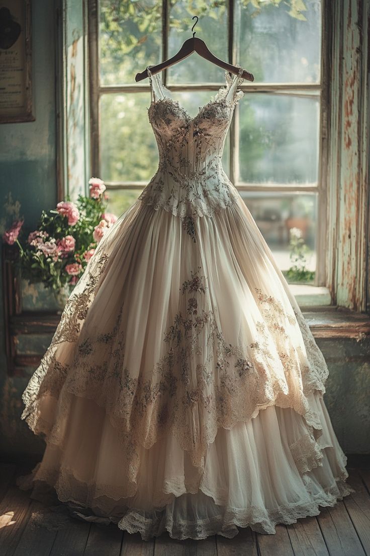 Vintage Ball Gown Spaghetti Straps V Neck Ivory Tulle Applique Long Prom Dress,Wedding Dress,Evening Dress GG1718