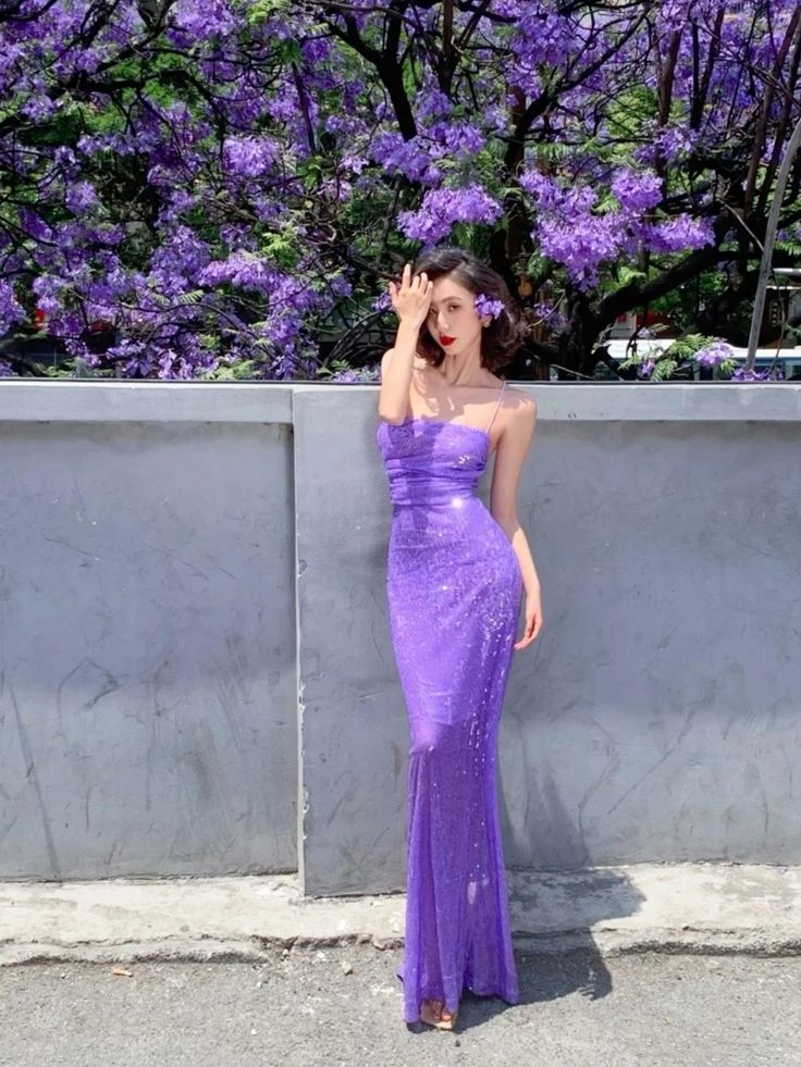 Sparkly Mermaid Spaghetti Straps Purple Sequin Long Prom Dress,Evening Dress GG1729