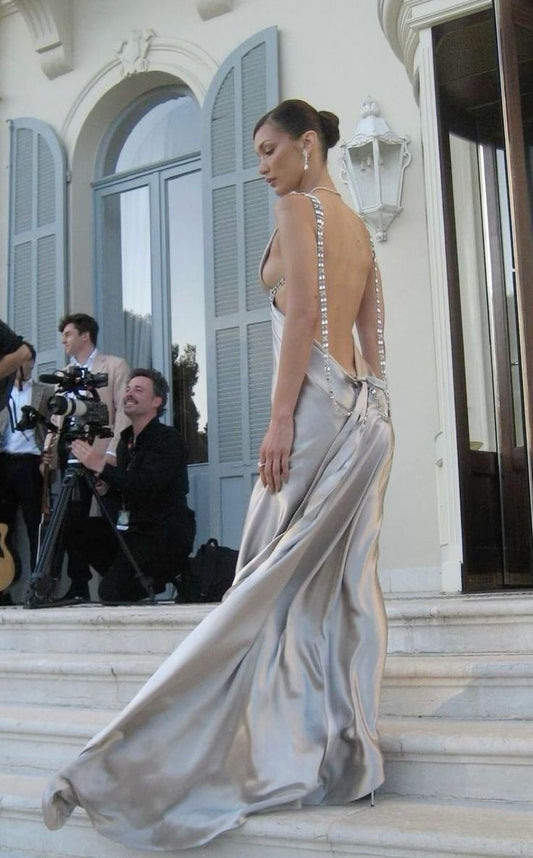 Sexy A Line V Neck Satin Backless Long Prom Dress,Evening Dress GG1736