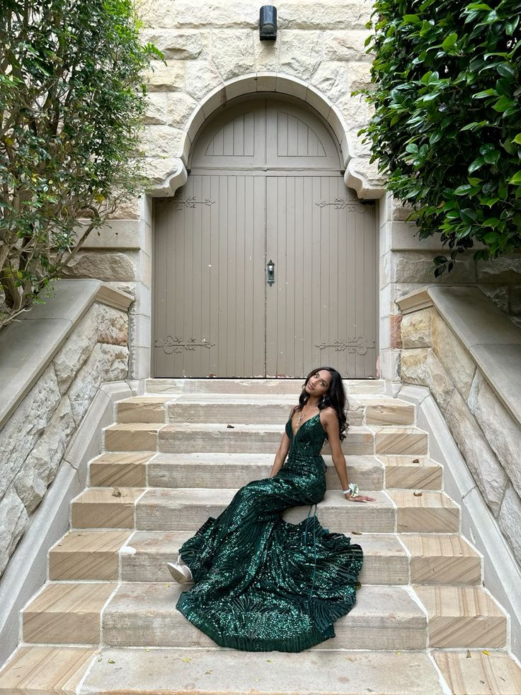 Glitter Mermaid V Neck Dark Green Satin Sequin Slit Long Prom Dress,Evening Dress GG1757