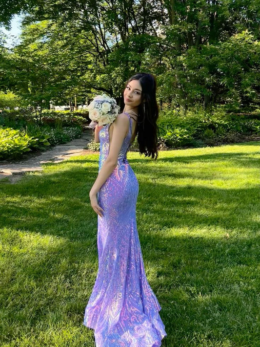 Glamorous Mermaid Square Lilac Sequin Long Prom Dress,Evening Dress GG1760