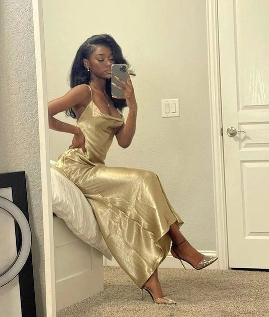 Sexy Mermaid Spaghetti Straps Gold Satin Long Prom Dress,Evening Dress GG1762