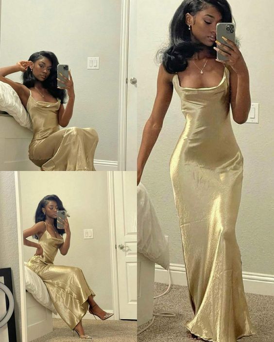 Sexy Mermaid Spaghetti Straps Gold Satin Long Prom Dress,Evening Dress GG1762