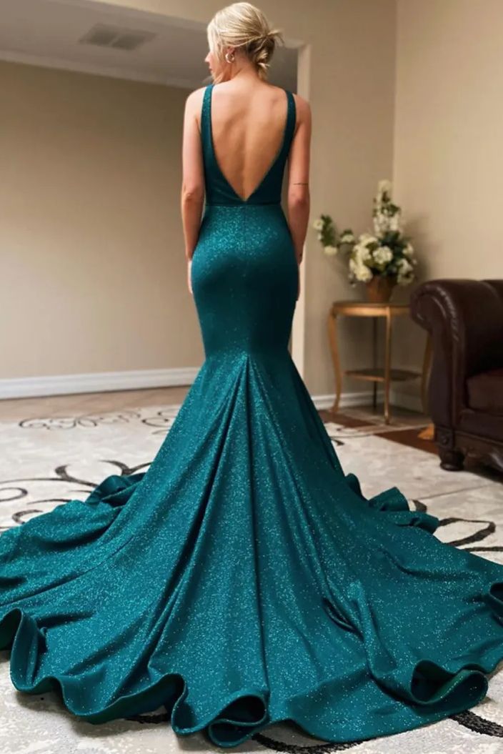 Chic Mermaid V Neck Teal Satin Sequin Slit Long Prom Dress,Evening Dress GG1773