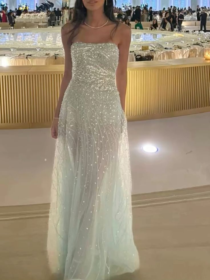 Shiny A Line Strapless Sage Tulle Beaded Long Prom Dress,Evening Dress GG1775