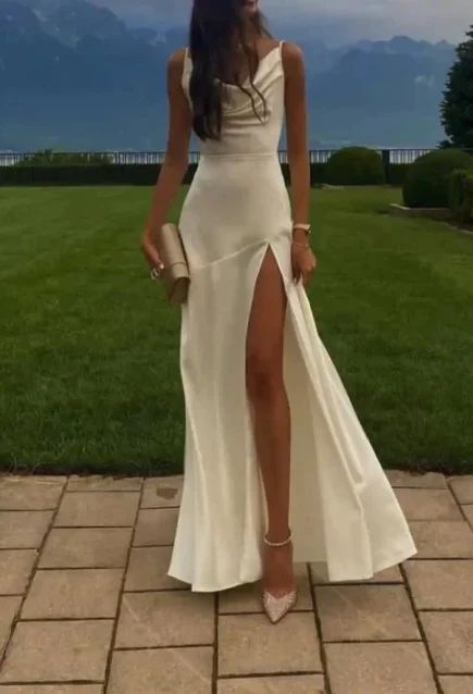 Simple Mermaid Spaghetti Straps Ivory Satin Slit Long Prom Dress,Evening Dress GG1781