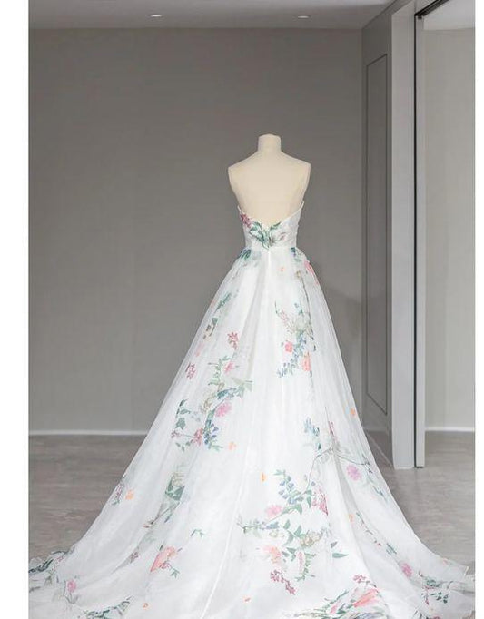 Elegant A Line White Strapless Lace Print Flower Long Prom Dress,Evening Dresses GG179