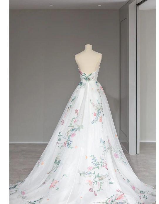 Elegant A Line White Strapless Lace Print Flower Long Prom Dress,Evening Dresses GG179