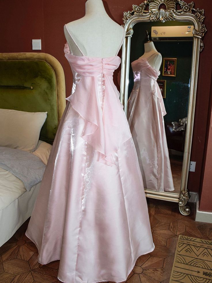 Elegant A Line Spaghetti Straps Pink Satin Long Prom Dress,Evening Dress GG1807