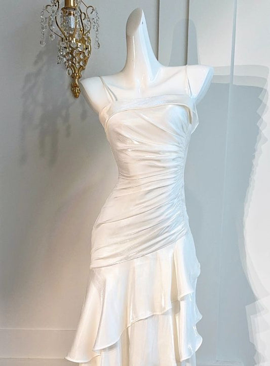 Fairy Mermaid Spaghetti Straps White Satin Tiered Long Prom Dress,Evening Dress GG1812