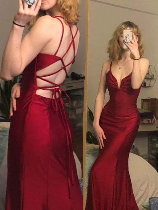 Elegant Mermaid Spaghetti Straps Burgundy Satin Long Prom Dress,Evening Dress GG1819