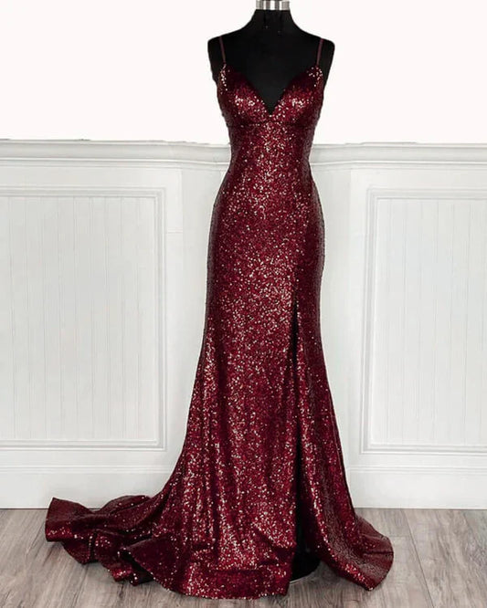 Shiny Mermaid Spaghetti Straps Burgundy Sequin Slit Backless Long Prom Dress,Evening Dress GG1821
