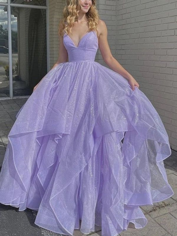 Sparkly A Line Spaghetti Straps V Neck Lilac Tulle Sequin Long Prom Dress,Evening Dress GG1824