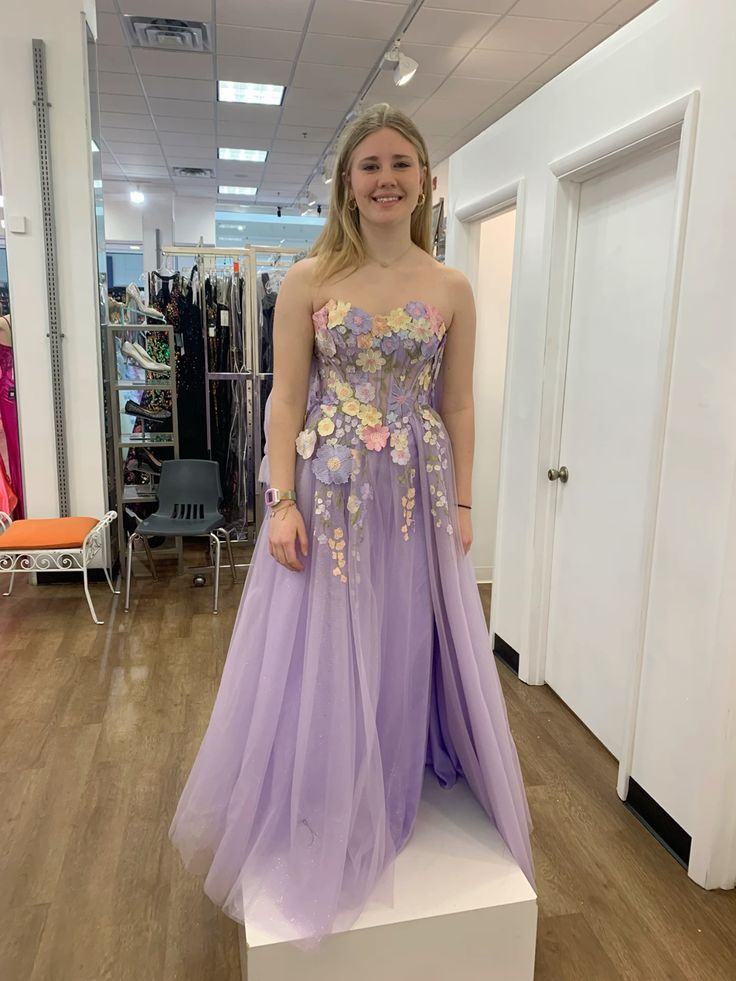 Pretty A Line Strapless Lilac Tulle Applique Long Prom Dress,Evening Dress GG1825