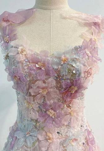 Romatic A Line Spaghetti Straps Pink Sequin Tulle Floral Long Prom Dresses, Evening Dresses GG184