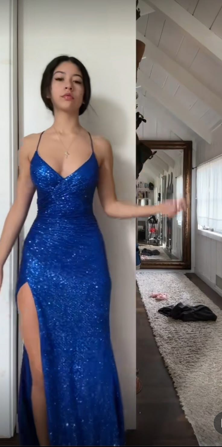 Glitter Mermaid Spaghetti Straps Royal Blue Satin Sequin Slit Long Prom Dress,Evening Dress GG1840