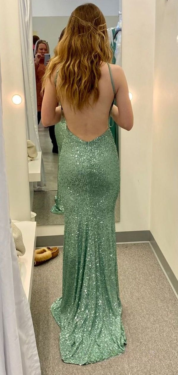 Glitter Mermaid Spaghetti Straps Mint Green Satin Sequin Long Prom Dress,Evening Dress GG1849