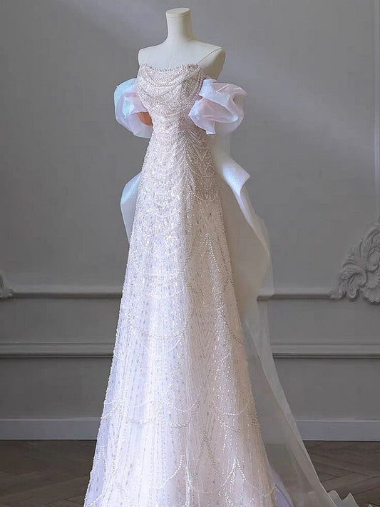 Luxury A Line Off The Shoulder Beading Sequins Puff Sleeve Bow Tain Pearl Chain Long Prom Dresses, Wedding Dresses,Evening Dresses GG185