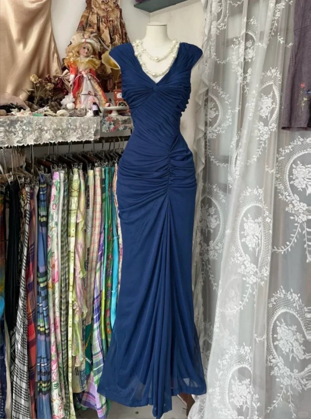 Chic Mermaid V Neck Chiffon Pleated Long Prom Dress,Evening Dress GG1870