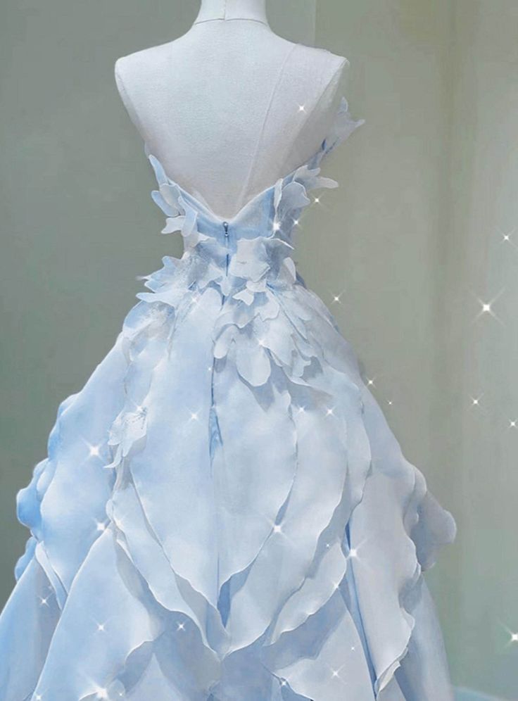 Chic A Line Strapless Ripple Light Blue Floral Chiffon Long Prom Dresses, Evening Dresses GG188